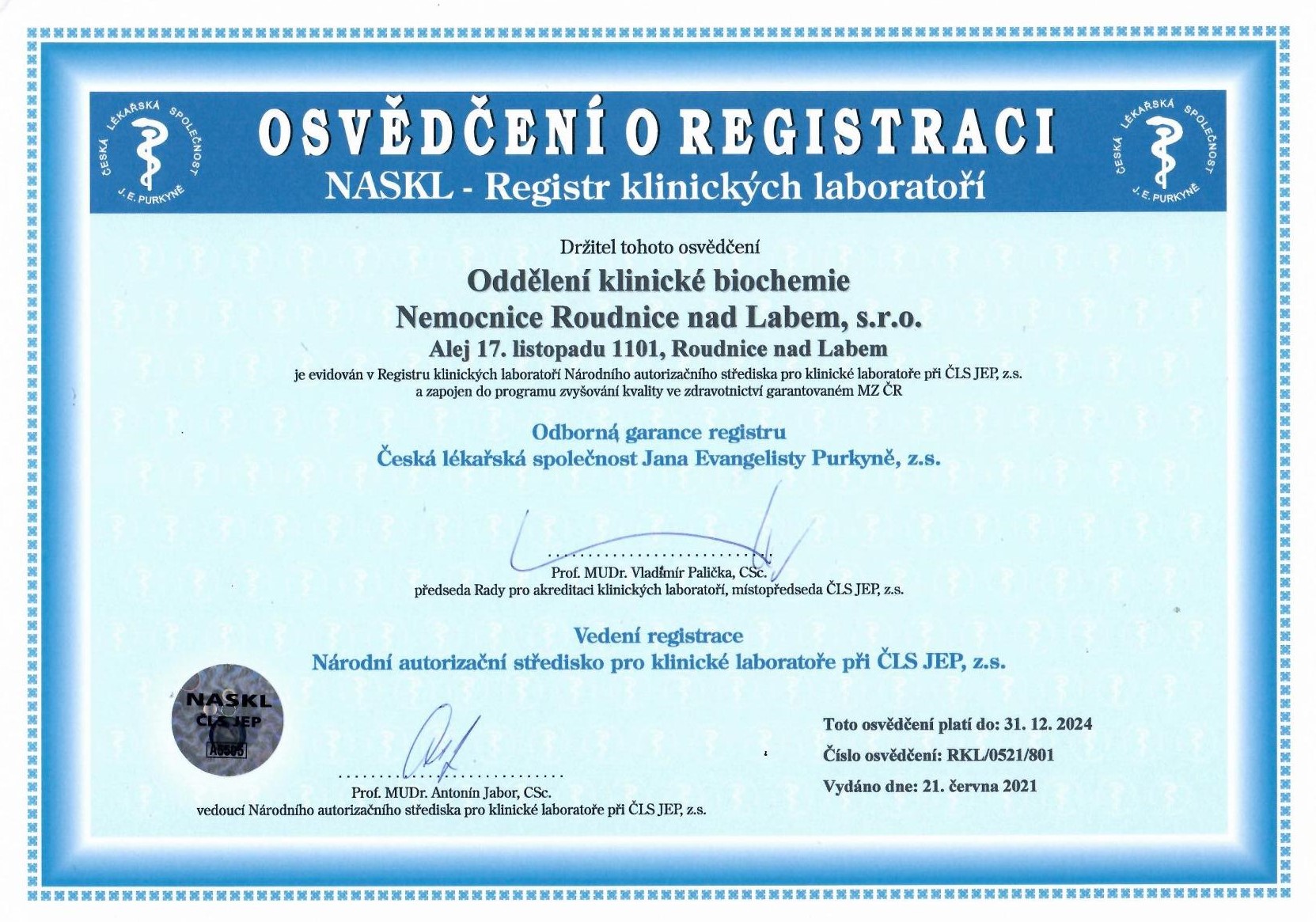 Osvědčení o registraci NASKL - Registr klinických laboratoří